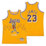 Camiseta Los Angeles Lakers LeBron James #23 Hardwood Classics Skull Edition Amarillo