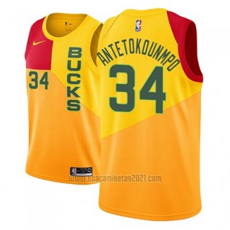 Camiseta Milwaukee Bucks Giannis Antetokounmpo #34 Ciudad 2018-19 Amarillo