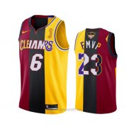 Camiseta Los Angeles Lakers Lebron James 2020 FMVP Heat Cavaliers Split Dual Number Rojo Oro